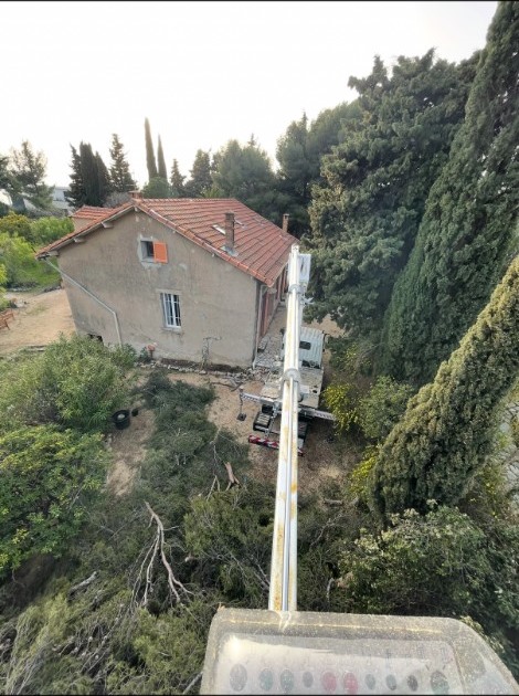 Vue depuis une nacelle lors d’un élagage de pins